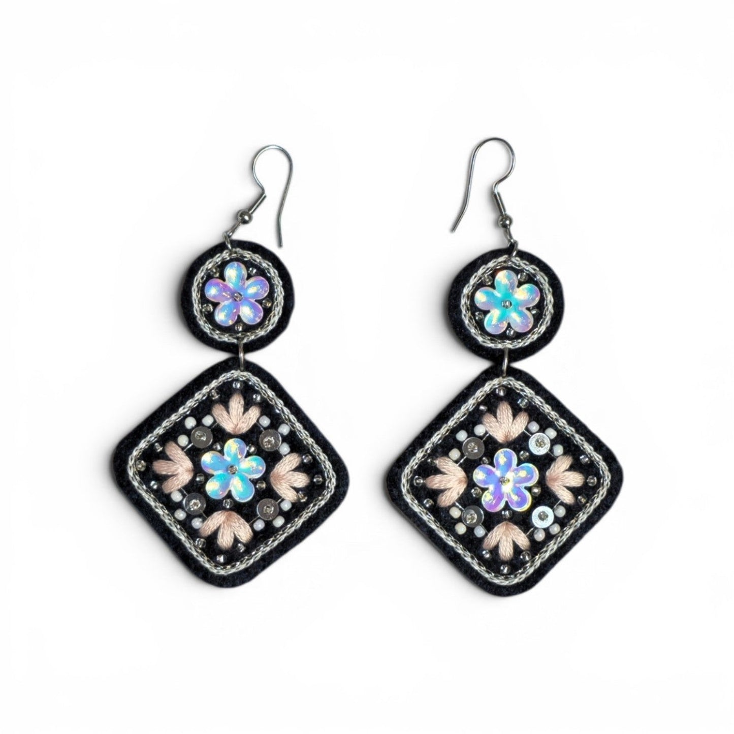 Black Floral Embroidered Earrings - UniqueEntity Art