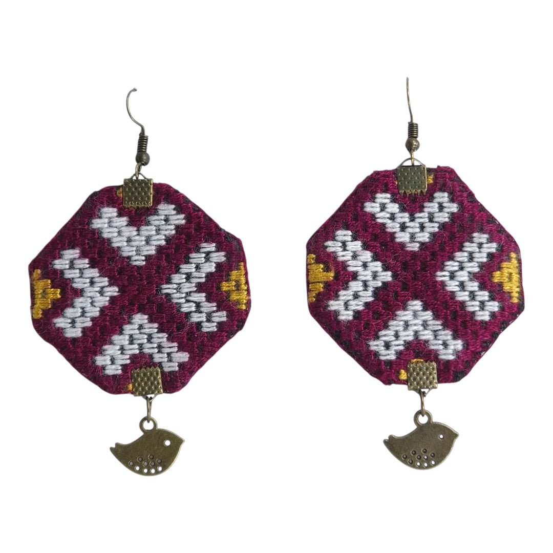 Burgundy Baluchi Cross Stitch Earrings - UniqueEntity Art