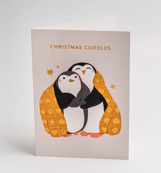 Cosy Cuddling Penguins Christmas Card - UniqueEntity Art