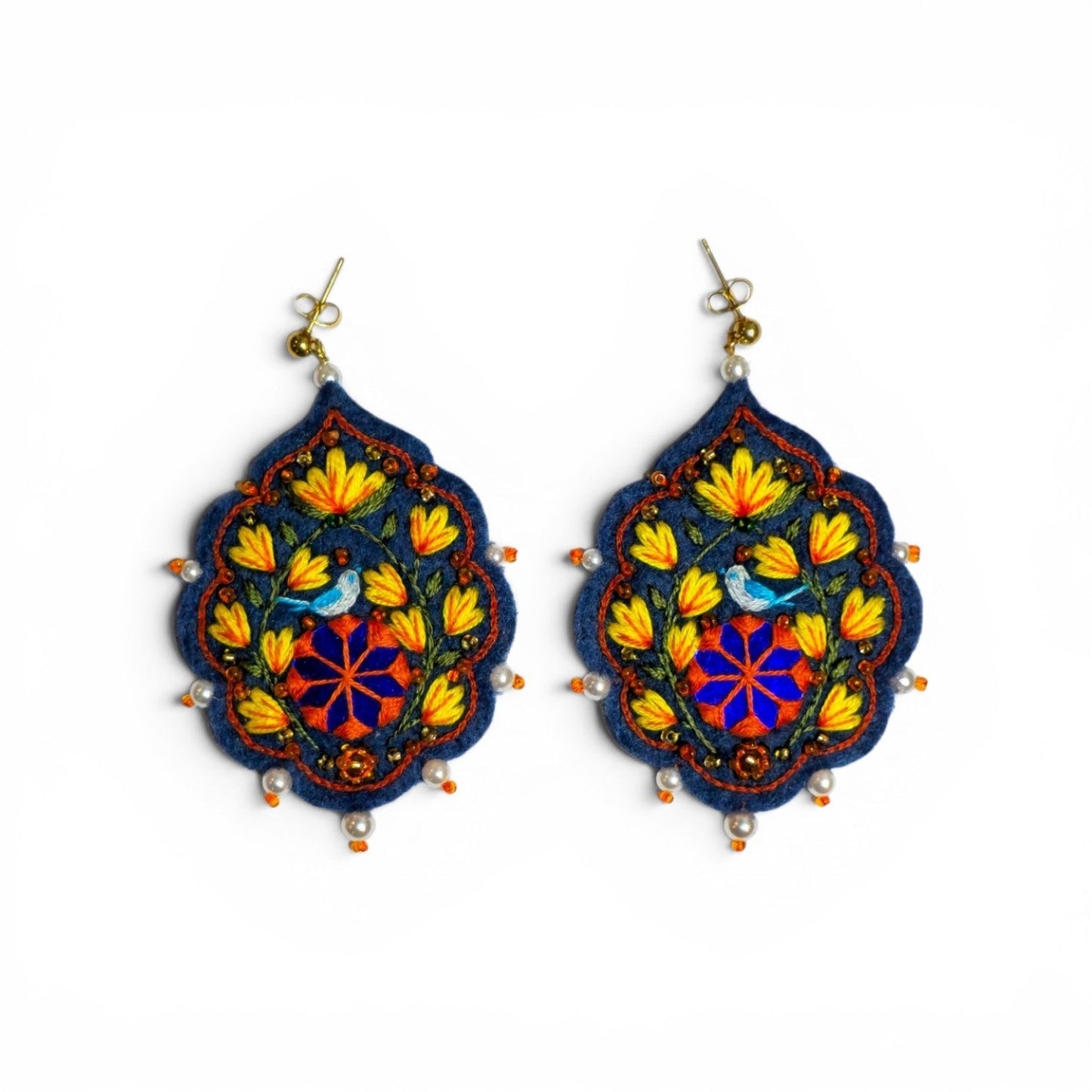 Navy Floral Folk Earrings - UniqueEntity Art
