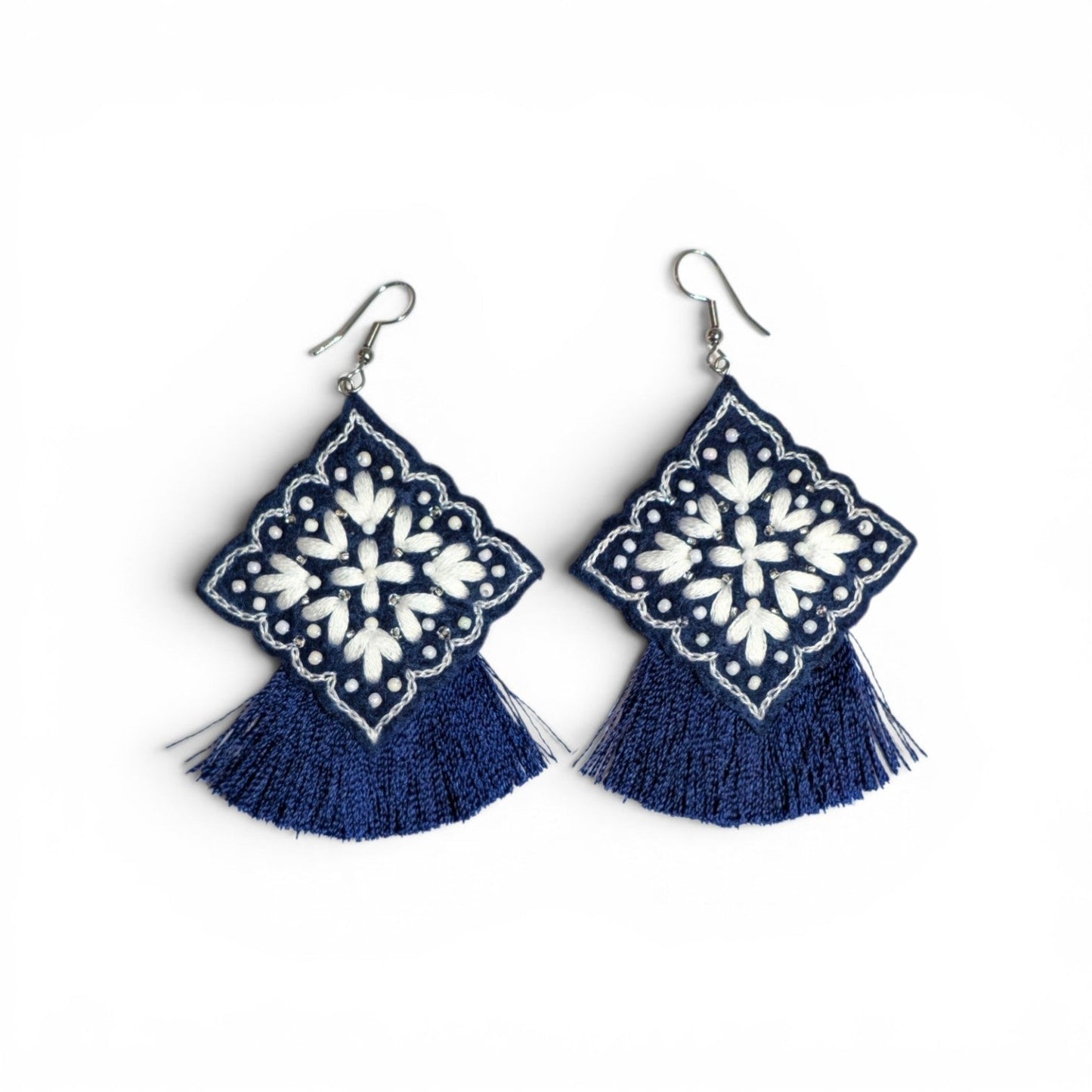 Navy Mandala Tassel Earrings - UniqueEntity Art