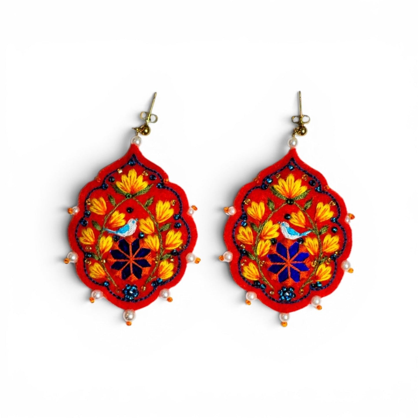 Red Floral Bird Earrings - UniqueEntity Art