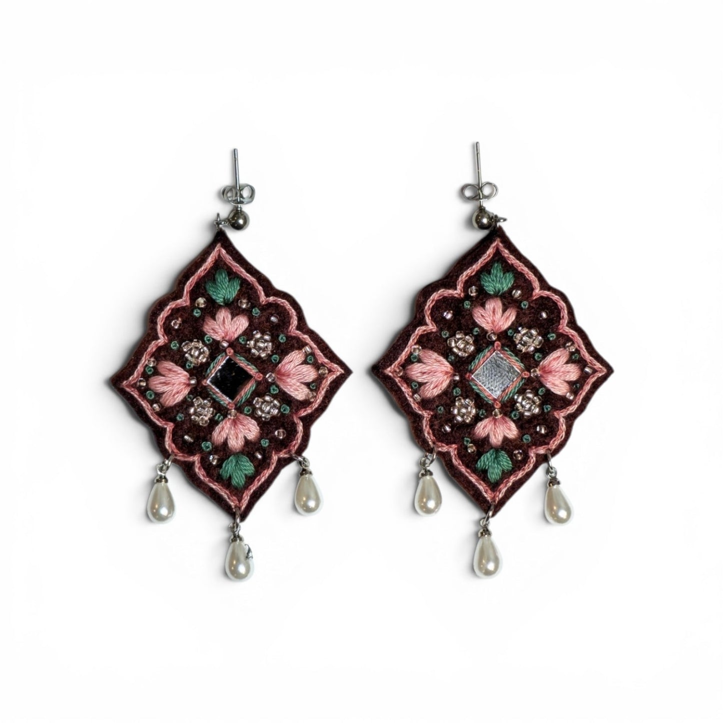 Embroidered Pink Floral Earrings