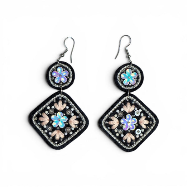 Black Floral Embroidered Earrings