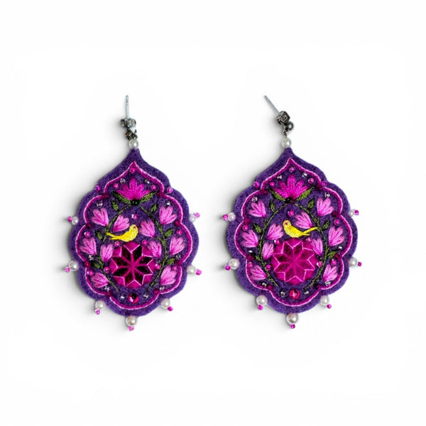 Purple Floral Embroidered Earrings