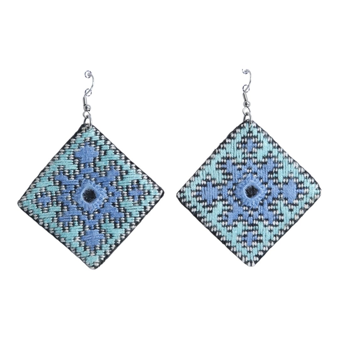 Baluchi Diamond Teal Embroidered Earrings - UniqueEntity Art