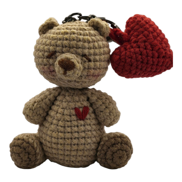 Beige Bear Red Heart Keychain