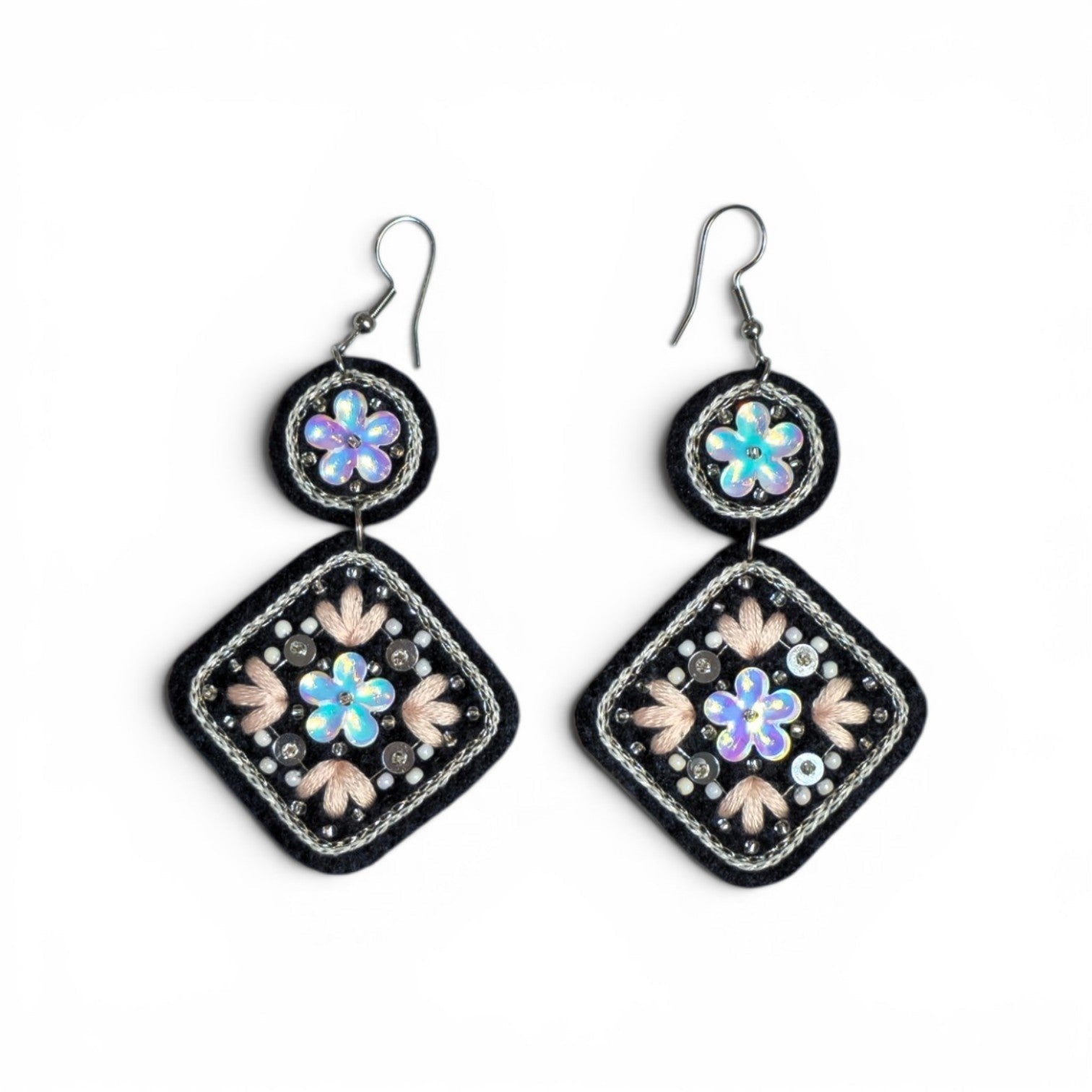 Black Floral Embroidered Earrings - UniqueEntity Art