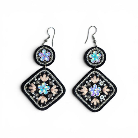Black Floral Embroidered Earrings - UniqueEntity Art