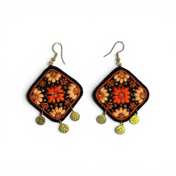 Black Orange Floral Embroidered Earrings