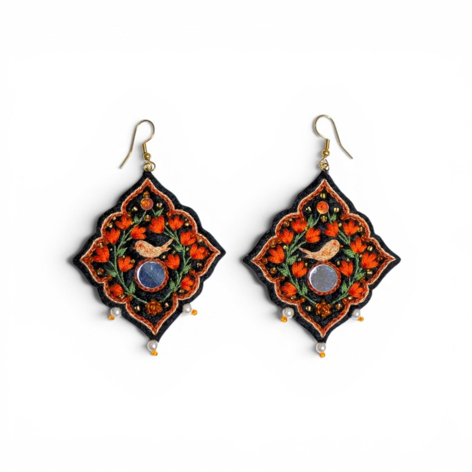 Black Orange Floral Embroidered Earrings - UniqueEntity Art