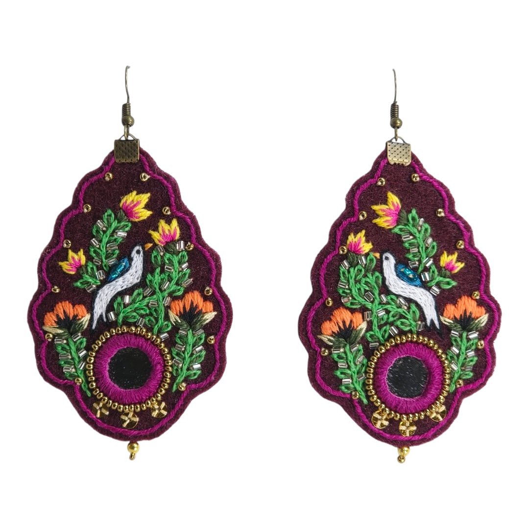 Burgundy Baluchi Bird Earrings - UniqueEntity Art