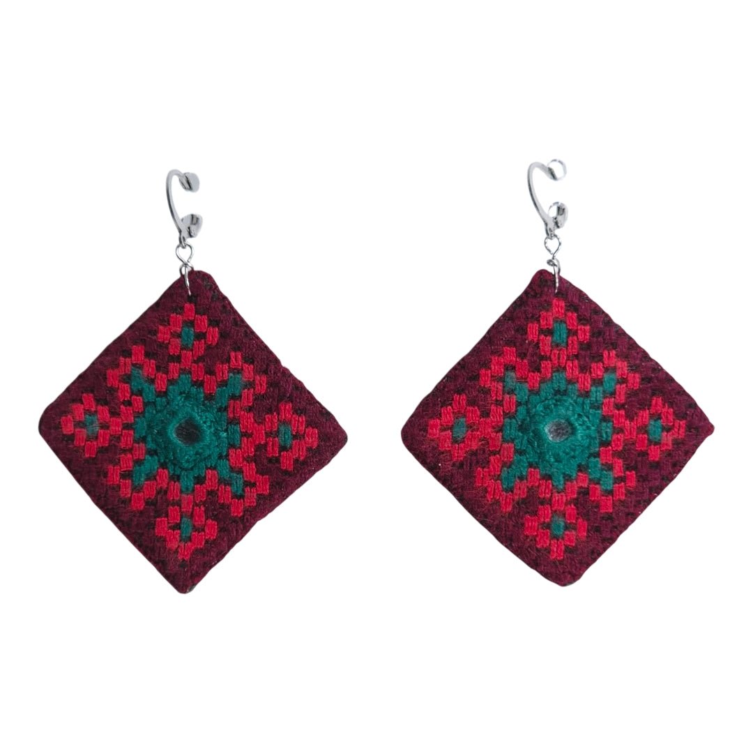 Burgundy Diamond Baluchi Embroidered Earrings - UniqueEntity Art