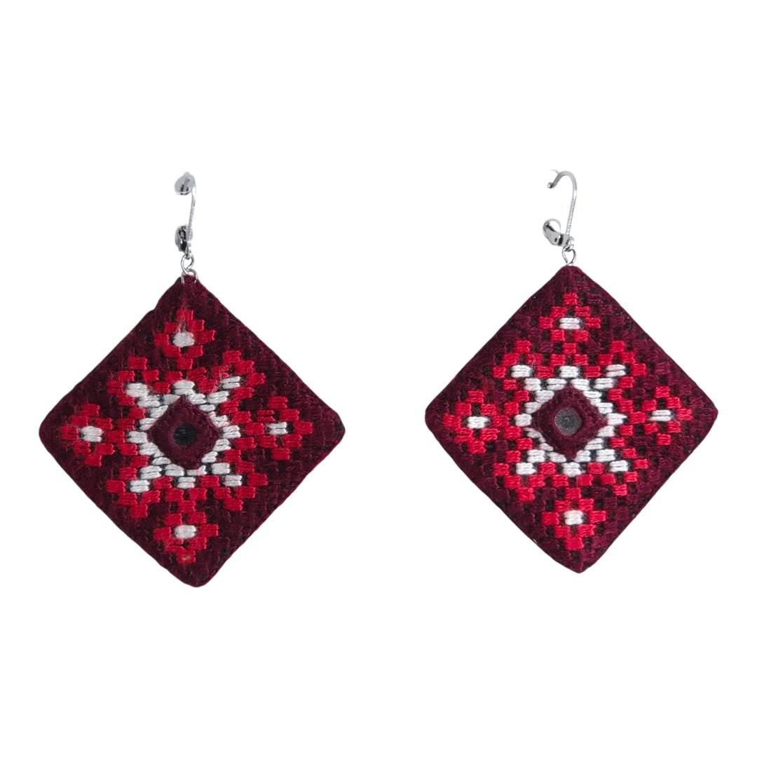 Crimson Diamond Baluchi Embroidered Earrings - UniqueEntity Art