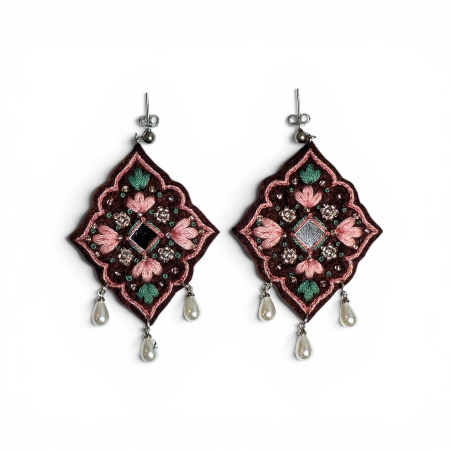 Embroidered Pink Floral Earrings - UniqueEntity Art