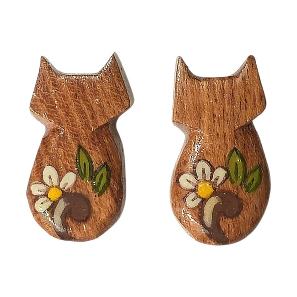 Floral Cat Wooden Earrings