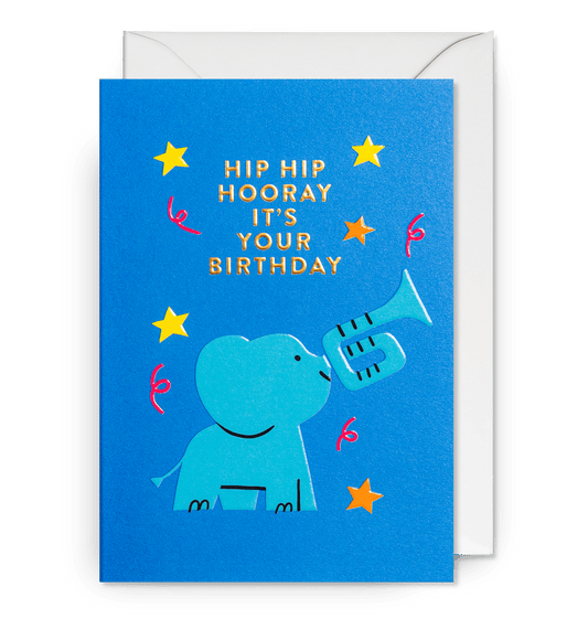 Hip Hip Hooray Elephant Trumpet Birthday Card - UniqueEntity Art