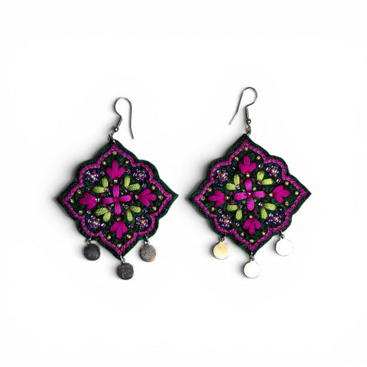 Magenta Floral Embroidered Earrings - UniqueEntity Art