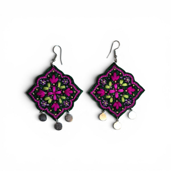 Magenta Floral Embroidered Earrings
