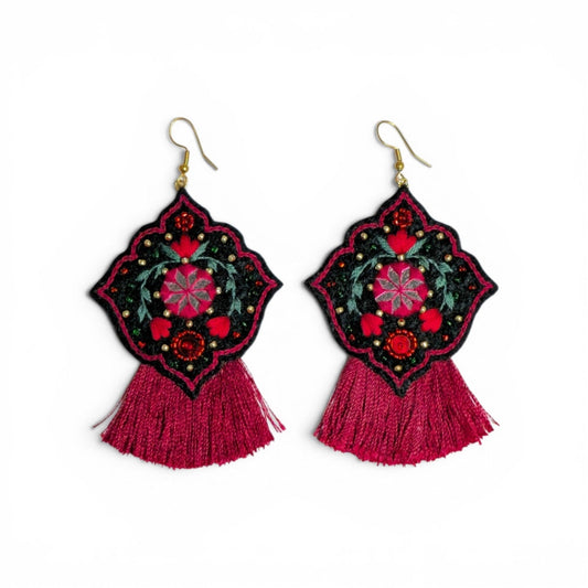 Magenta Tassel Floral Earrings - UniqueEntity Art