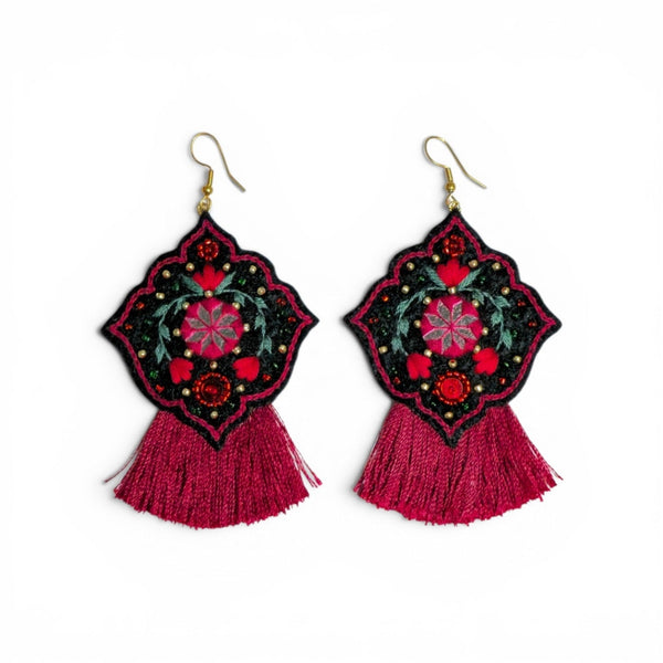Magenta Tassel Floral Earrings