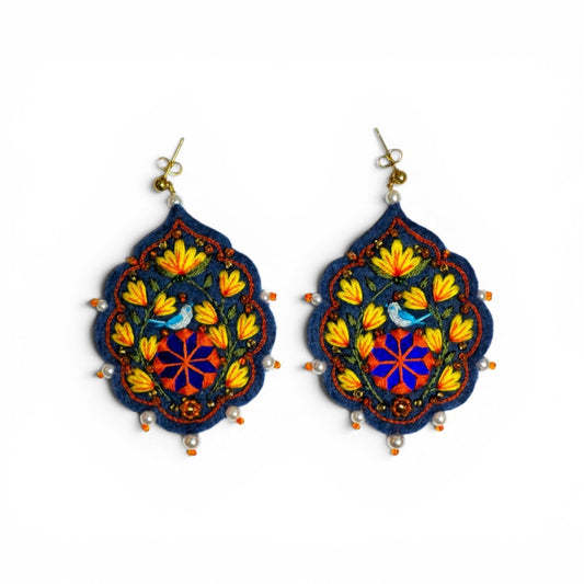 Navy Floral Folk Earrings - UniqueEntity Art