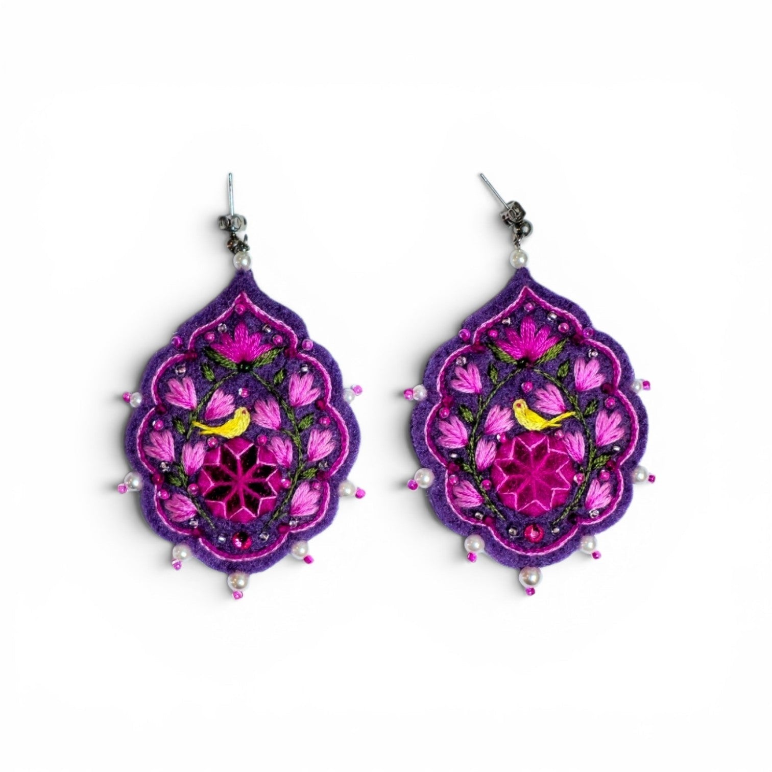 Purple Floral Embroidered Earrings - UniqueEntity Art