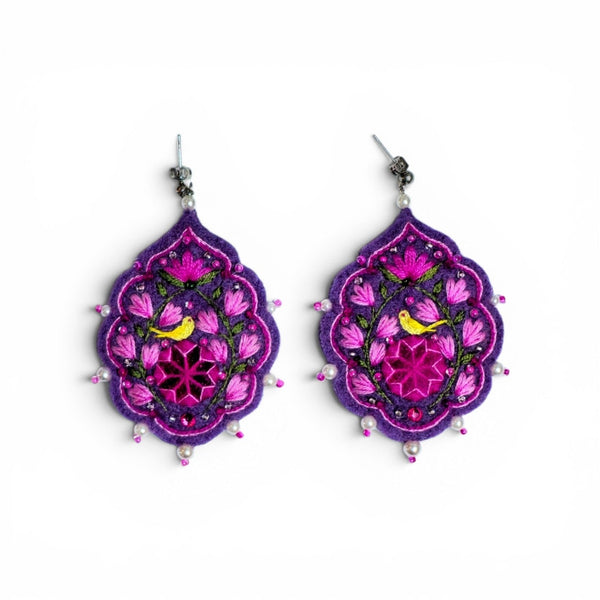 Purple Floral Embroidered Earrings