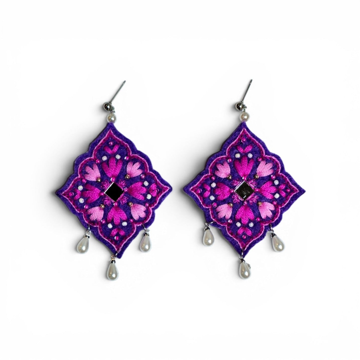 Purple Pink Floral Embroidered Earrings - UniqueEntity Art