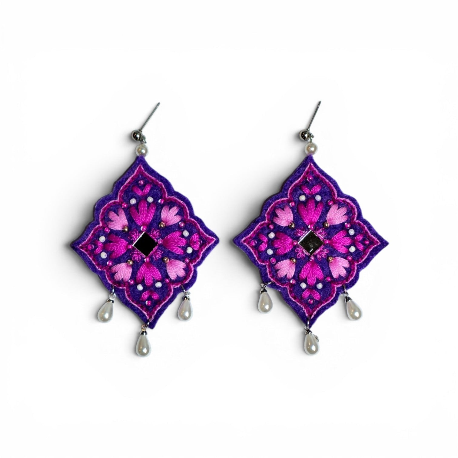 Purple Pink Floral Embroidered Earrings - UniqueEntity Art
