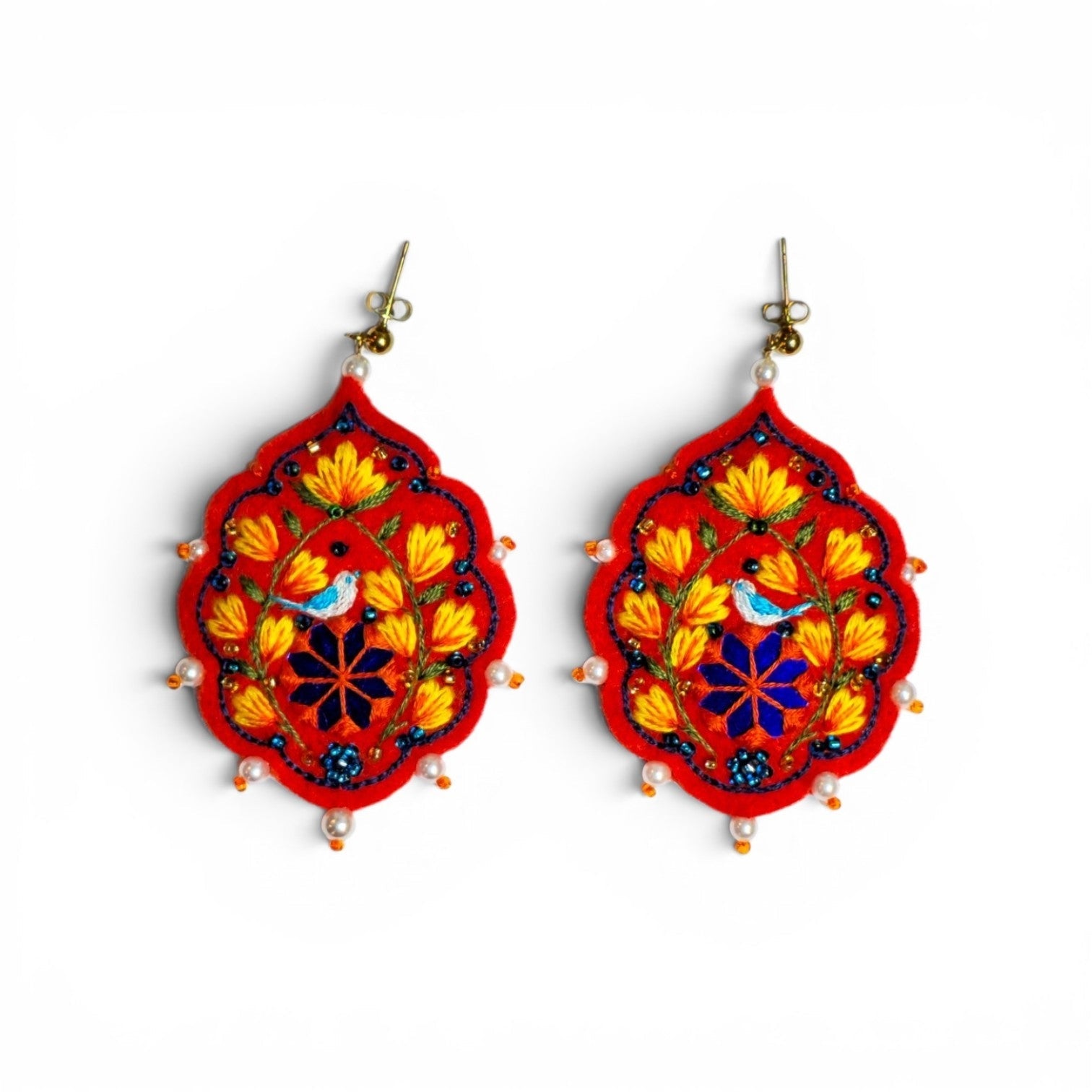 Red Floral Bird Earrings - UniqueEntity Art