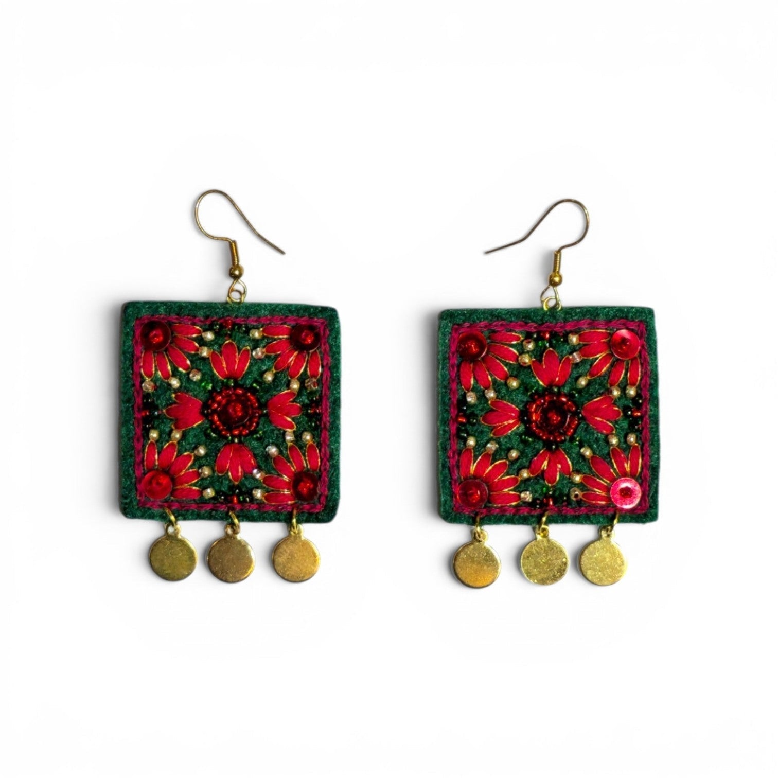 Square Red Floral Earrings - UniqueEntity Art