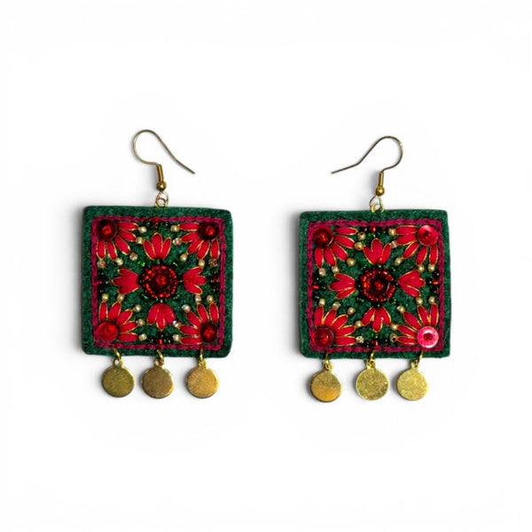 Square Red Floral Earrings