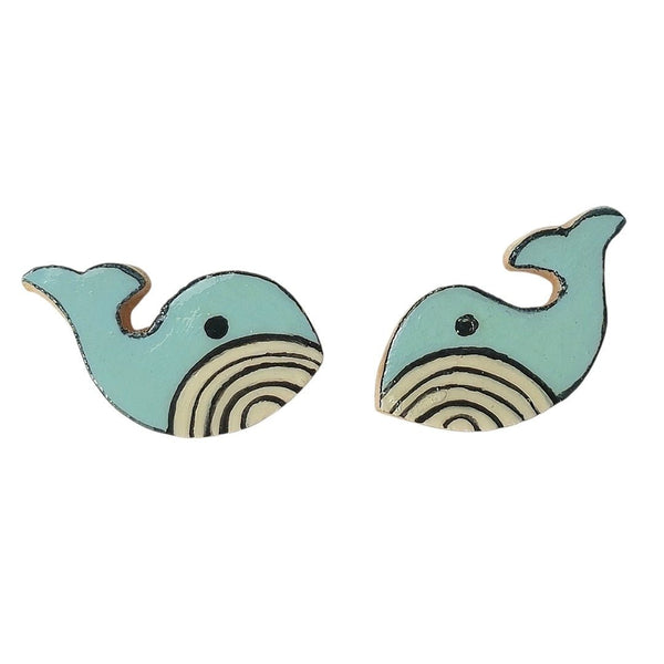 Teal Striped Whale Earrings